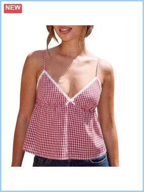 Plaid Babydoll Cami Tank Top V Neck Lace Trim Peplum